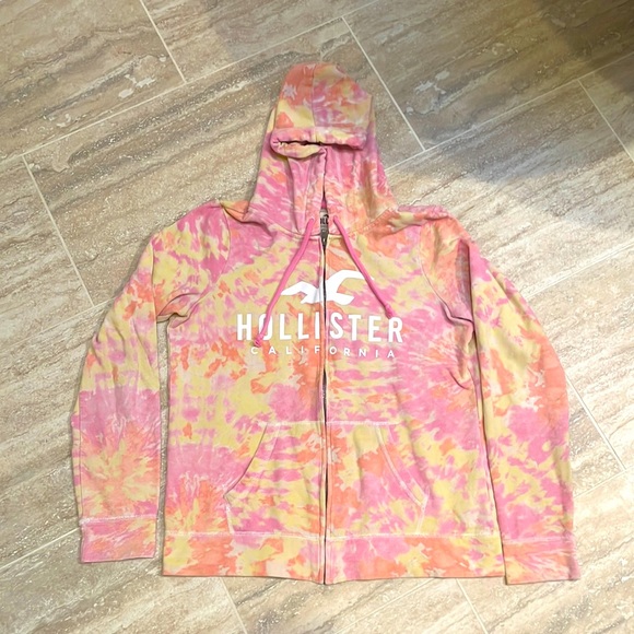 Hollister Tops - Hollister yellow and pink tie-dye zip up hoodie - size L